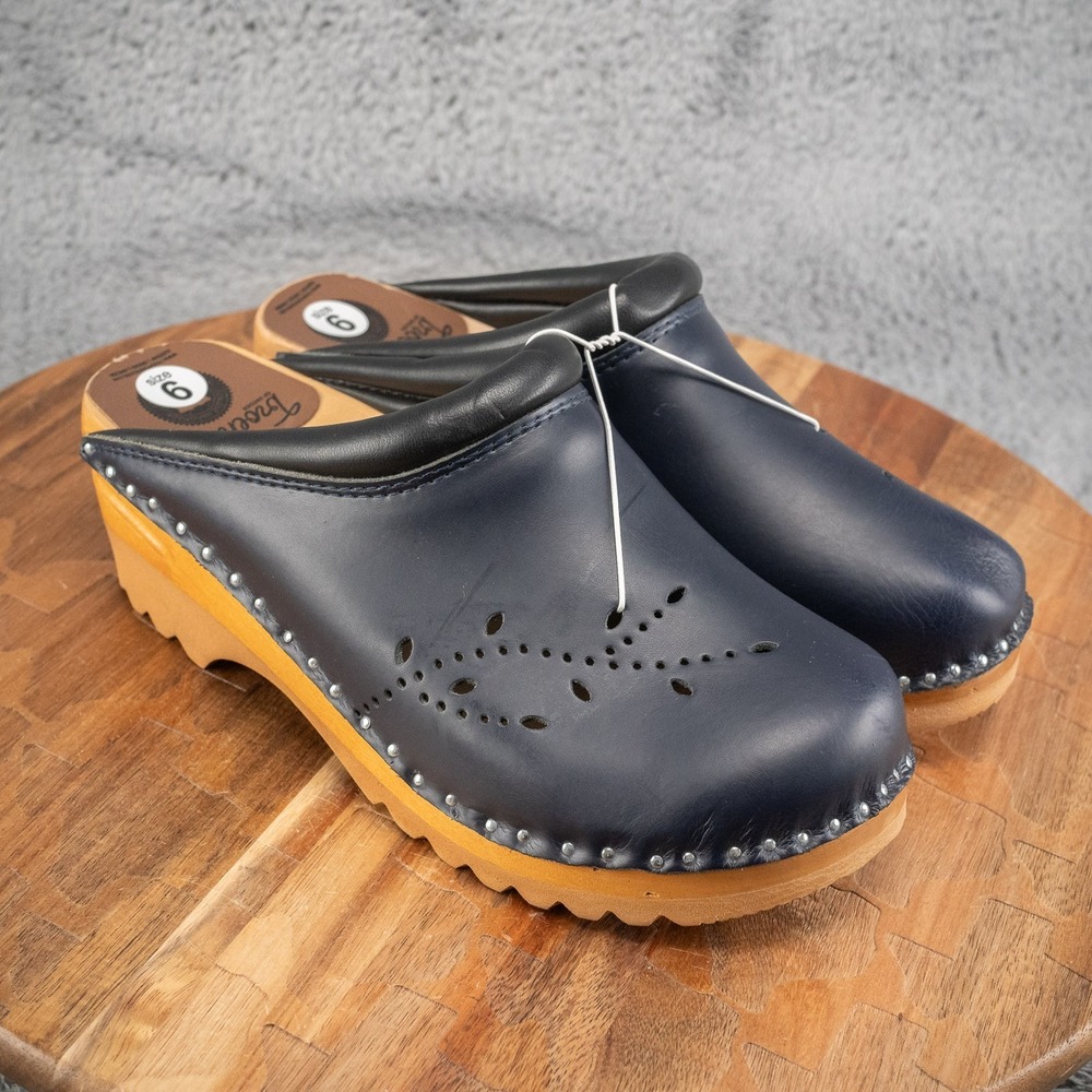 * Troentorp Sz 36 Women Clogs - O'Keefe   Leather Wooden Platform Navy/black